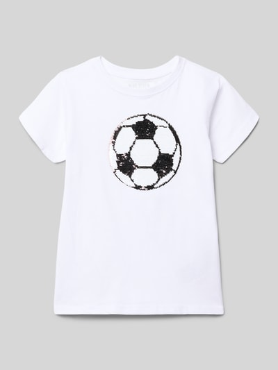 Productfoto, T-shirt met ronde hals en paillettenmotief van Blue Seven, wit katoen, rechte fit, voetbalmotief, maat 116 ruglengte 44 cm
