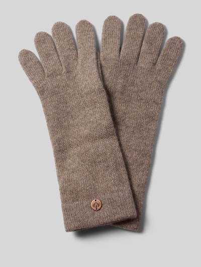 Produktfoto, Handschuhe aus reinem Kaschmir von FRAAS in hellbraun, gerippte Abschlüsse, feine Stricktextur, Label-Detail sichtbar
