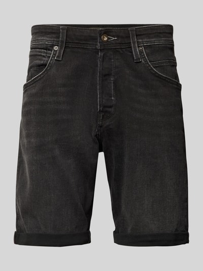 Produktfoto, schwarze Jeansshorts mit Umschlag Modell 'RICK' von Jack & Jones, Baumwoll-Mix mit Stretch, Regular Fit, glatte Textur.