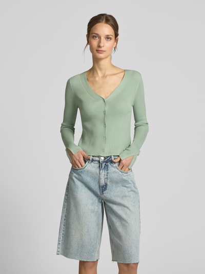 Tom Tailor Denim Slim fit cardigan met ribstructuur Rietgroen - 4