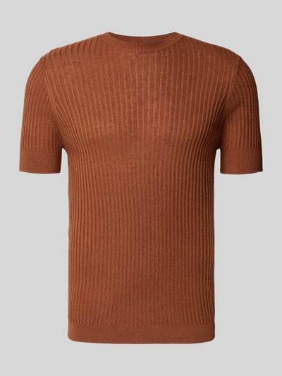 Produktfoto, T-Shirt aus Viskose-Mix in Ripp-Optik von Antony Morato w kolorze brązowym, krój slim fit, okrągły dekolt, długość tyłu w rozmiarze M 65 cm, mieszanka wiskozy z dodatkiem lnu