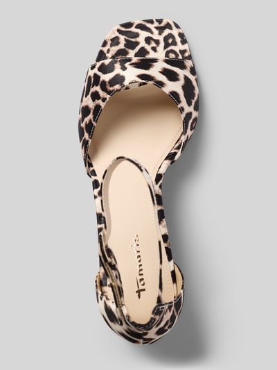 Produktfoto, Sandaletten mit Dornschließe von Tamaris in unifarbener Veloursleder-Optik mit karrèe Schuhspitze, strukturiertes Material, Label-Applikation.