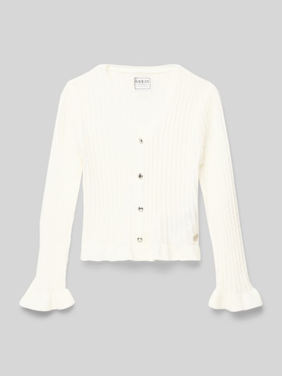 Produktfoto, Strickjacke mit Knopfleiste von Guess für Kinder aus Material-Mix mit Stretch-Anteil, Regular-Fit, cremeweiß, gerippte Abschlüsse, V-Ausschnitt, Label-Detail