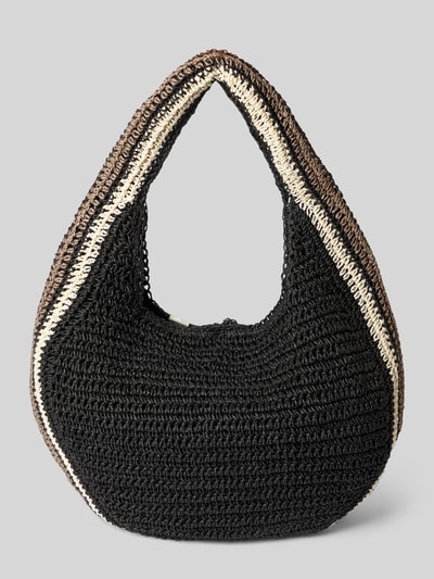 Produktfoto, schwarze Handtasche mit Label-Detail Modell 'Saunteer' von Barts, strukturierte Oberfläche, breite helle Kante, Maße: 45x32x12 cm, Innentasche mit Reißverschluss, Schulterriemen 36 cm.