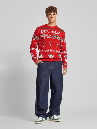 Only & Sons Weihnachtspullover mit Motiv- und Statement-Stitching Modell 'XMAS' Rot 1