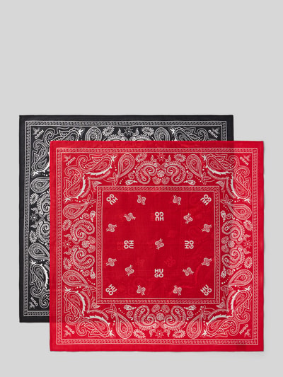 Produktfoto, Tuch aus reiner Baumwolle im 2er-Pack Modell 'BANDANA' von HUGO mit Optik:Allover-Muster, Paisley-Muster, Label-Applikation, Materialverarbeitung: Popeline, in Rot und Schwarz, quadratische Form, glatte Textur.