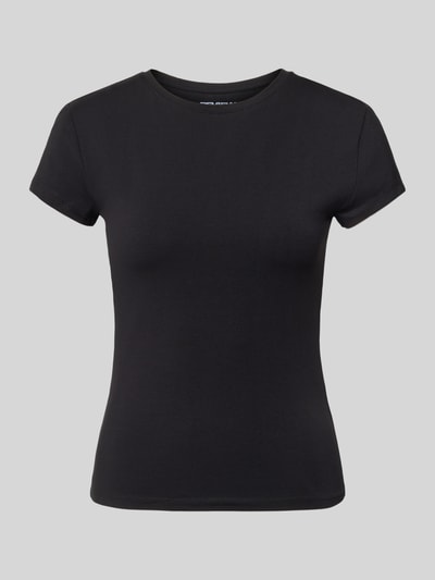 Produktfoto, T-Shirt mit Rundhalsausschnitt von REVIEW, schwarz, Baumwoll-Elasthan-Mix, schlanker Schnitt, glatte Oberfläche, neutraler Hintergrund