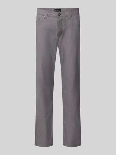 Produktfoto, graue Straight Fit Hose aus Baumwoll-Mix Modell 'Yarn' von bugatti, 5-Pocket-Design, sichtbarer Knopf, strukturierte Oberfläche, Kontext: elastischer Baumwoll-Mix, Knopf- und Reißverschluss, Bundweite 40 cm, Innenbeinlänge 81 cm.