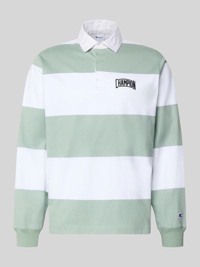 Produktfoto, Relaxed Fit Poloshirt aus Baumwolle von CHAMPION in Weiß und Pastellgrün mit breiten Streifen, Polokragen, Langärmlig, Label-Stitching, Rückenlänge bei Größe M 72 cm.