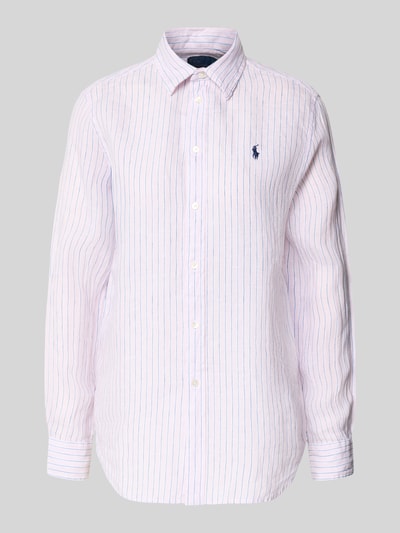 Produktfoto, Hemdbluse aus reinem Leinen von Polo Ralph Lauren, Streifenmuster, Label-Stitching, lockerer Schnitt, Hemdblusenkragen, Knopfleiste, Damen