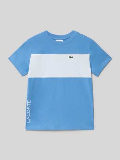 Produktfoto, Regular Fit T-Shirt aus reiner Baumwolle Modell 'COLORBLOCK TEE' von Lacoste, Optik:Allover-Muster, Label-Print, Rundhals, Kurzarm, Jersey, Farbe Blau-Weiß