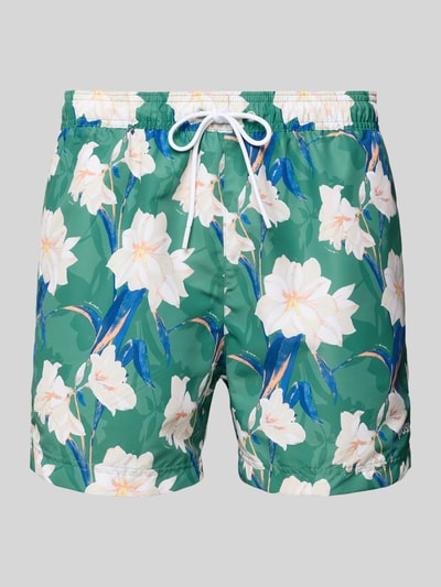Produktfoto, grüne Badeshorts mit floralem Allover-Muster, elastischem Bund und Cargotaschen, Badeshorts mit Allover-Muster Modell 'IRIS' von BOSS
