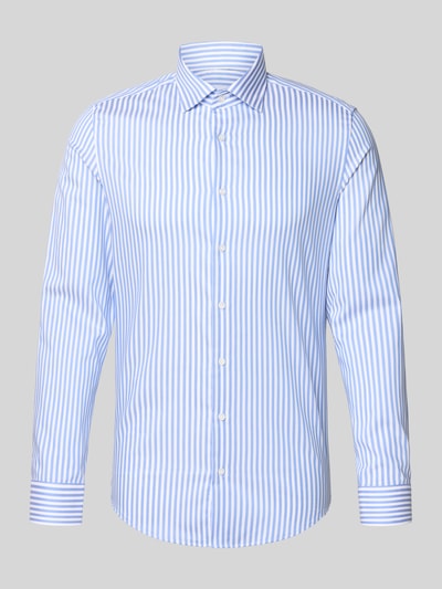 Produktfoto, Slim Fit Business-Hemd aus Baumwolle mit Kentkragen von SEIDENSTICKER in Blau-Weiß mit Allover-Look, Knopfleiste, feine Struktur