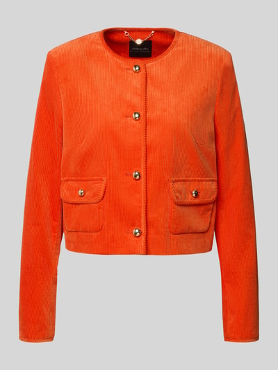 Produktfoto, Regular Fit Blazer aus Cord mit Rundhalsausschnitt von Marc Cain in kräftigem Orange, reine Baumwolle, sichtbare Knopfleiste, Pattentaschen, glatte Cord-Textur, Damen Blazer, Rückenlänge 49 cm, Brustweite 40 cm, Ärmellänge 64 cm