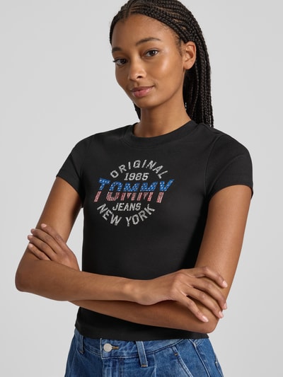 Tommy Jeans T-shirt o kroju slim fit z prążkowaniem Czarny 3