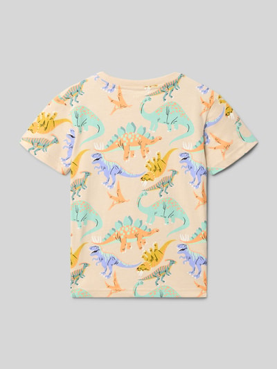 Produktfoto, Regular Fit T-Shirt mit Allover-Motiv-Print von Blue Seven aus Reine Baumwolle, Rundhalsausschnitt, Rückenlänge 47 cm bei Größe 116, buntes Dino-Muster auf hellem Stoff.