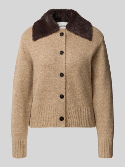 OPUS Strickjacke aus Wollmix mit Webpelzkragen Modell 'Dofur' Camel 1