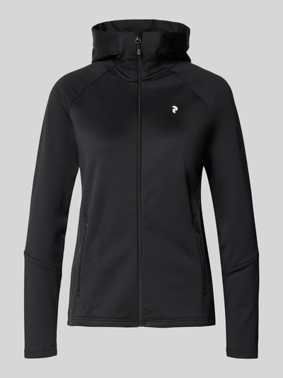 Produktfoto, Softshell-Jacke mit Kapuze Modell 'RIDER' von PEAK PERFORMANCE, czarny kolor, materiał z domieszką stretchu, krój regular fit, detal z logo, damska