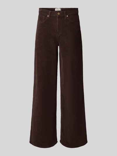 Produktfoto, dunkelbraune Wide Leg Cordhose aus Baumwoll-Mix Modell 'HOPE' von ONLY, Damen Cordhose, strukturierte Oberfläche, vor grauem Hintergrund