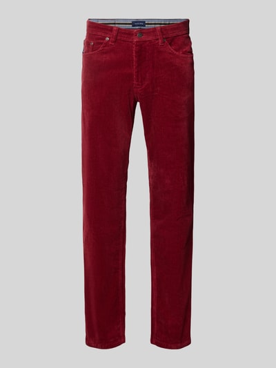 Produktfoto, Straight Fit Stoffhose in Cord-Optik von Christian Berg Men, kolor bordowy, mieszanka bawełny, 5 kieszeni, zapięcie na guzik i zamek błyskawiczny, szerokość w rozmiarze 32/32: 43 cm, długość wewnętrzna nogawki w rozmiarze 32/32: 78 cm.