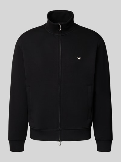 Produktfoto, Regular Fit Sweatjacke mit Logo-Stitching von Emporio Armani aus schwarzem Baumwoll-Mix mit Stehkragen, Zweiwege-Reißverschluss und Eingrifftaschen