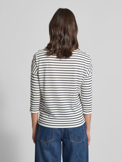 Frauenmodel trägt Longsleeve aus Lyocell-Baumwoll-Mix mit 3/4-Arm von LUISA CERANO, Regular Fit, Rundhalsausschnitt, gestreift, Ganzkörperansicht Rückansicht. Rückenlänge bei Größe 36: 60 cm.