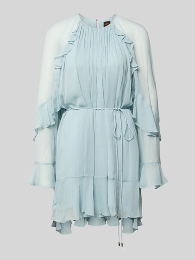Produktfoto, pastellblaues, tailliertes Freizeitkleid aus reiner Viskose Modell 'C_DREDIA' von BOSS Orange Damen, leichte Rüschentextur