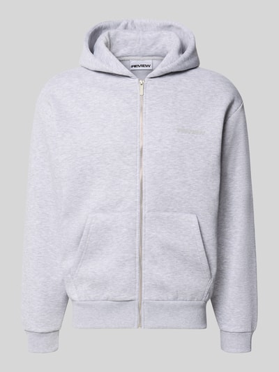 Productfoto, Regular Fit Sweatjacke aus Baumwoll-Mix van REVIEW in lichtgrijs katoenmix met kangoeroezak, capuchon en ritssluiting