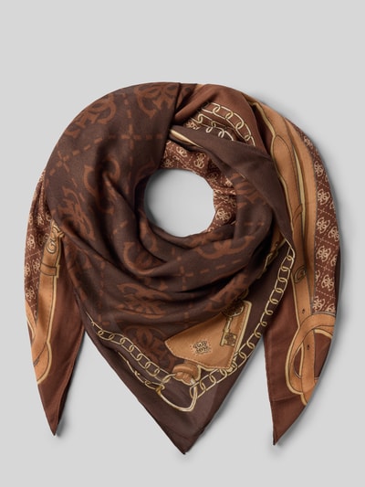 Produktfoto, Schal mit Logo-Detail Modell 'Lindsey' von GUESS, braune Töne, rechteckige Form, feine Modal-Struktur, dezente Muster
