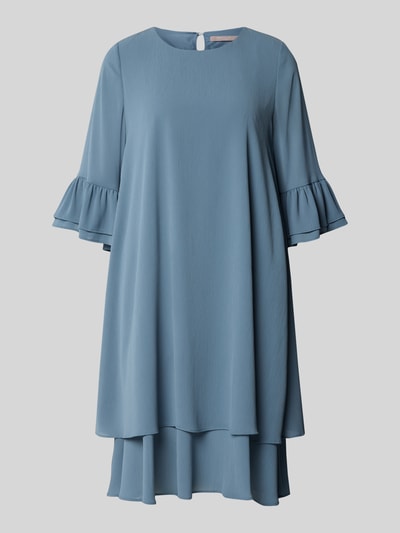 Produktfoto, Relaxed Fit Kleid in knielänge van Christian Berg Cocktail in effen lichtblauw met ruches, ronde hals, halflange mouwen, structuurtextuur
