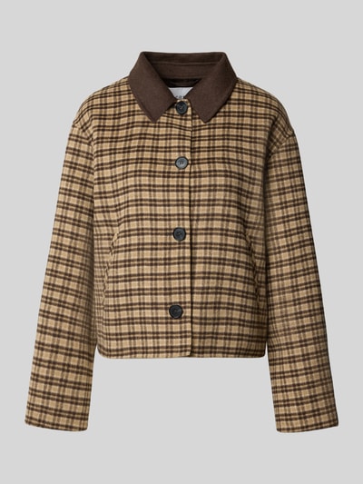 Produktfoto, Regular Fit Jacke aus Woll-Mix mit Viskose-Anteil von COMMA, kariertes Muster in Braun- und Beigetönen, Umlegekragen, Eingrifftaschen, durchgehende Knopfleiste, strukturierte Woll-Textur, kurze Rückenlänge und breite Schultern, entspannter Schnitt.