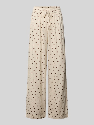 Productfoto, recht vallende broek in lichtbeige met bruine stippenprint, lichte structuur, mix van viscose en linnen, 'Gerade Hose aus Viskose-Leinen-Mix' van PIECES, dames recht broek