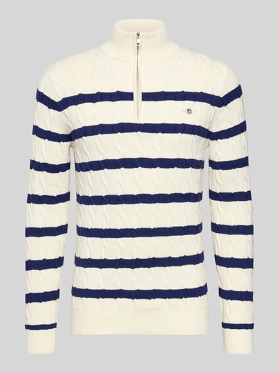 Productfoto, Slim Fit Pullover in Strick-Optik van Gant, wit met blauwe strepen, troyer-kraag, katoen, logo-stitching, heren pullover