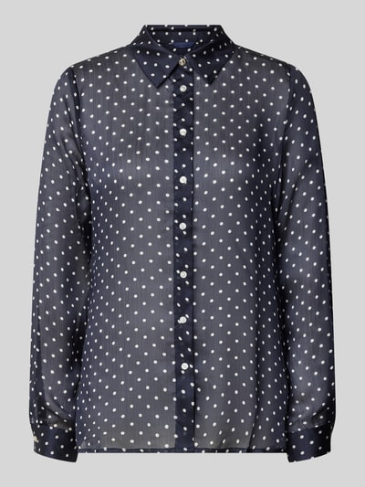 Produktfoto, Regular Fit Hemdbluse im semitransparentem Design von GUESS, dunkelblau mit weißen Punkten, Hemdblusenkragen, durchgängige Knopfleiste, Langärmelig, Rückenlänge bei Größe S: 68 cm, Ärmellänge bei Größe S: 49 cm