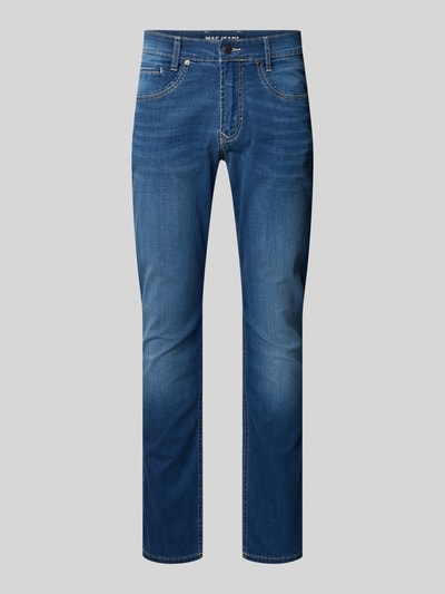 Productfoto, Straight Fit Jeans aus Baumwoll-Mix van MAC, blauwe denim, contrasterende stiksels, 5-pocketdesign, knoop- en ritssluiting.
