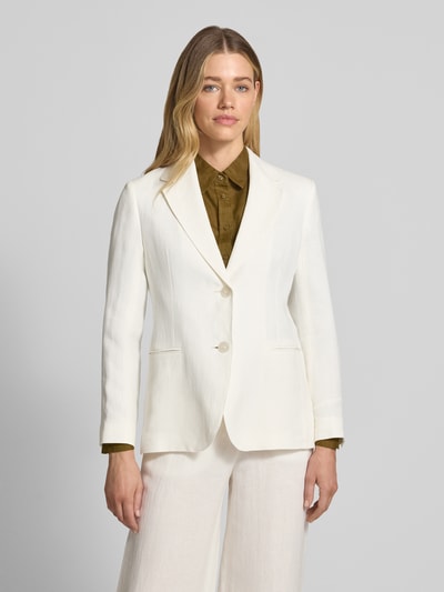 Vrouwenmodel draagt Regular Fit Longblazer uit puur linnen model 'BELLO' van Max Mara, look: effen, reverskraag, rugsplit, 2-knoopsluiting, paspelzakken, materiaal: linnen, lange mouw, voorkant bovenlichaam close-up.