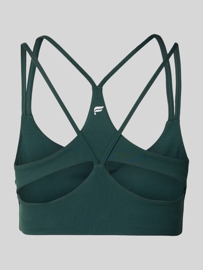 Produktfoto, Slim Fit Sportbh mit Logo-Print Modell 'Principal' von Fabletics, krój slim fit, dekolt na plecach, podwójne cienkie ramiączka, zielony, moda sportowa