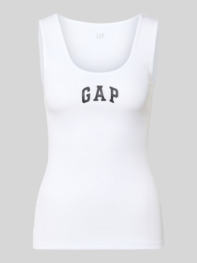 Produktfoto, weißes Tanktop mit Logo-Print und Rundhalsausschnitt von GAP aus Baumwoll-Mix mit Stretch-Anteil, Feinripp, körpernaher Schnitt