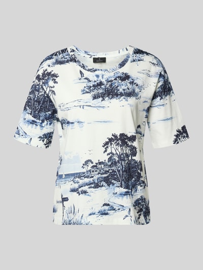 Produktfoto, T-Shirt im Allover-Look Modell 'Hamptons Landschaft' von monari in Weiß und Blau mit Landschaftsmuster aus reiner Baumwolle, Regular Fit, Rundhalsausschnitt, Rückenlänge 58 cm bei Größe 36