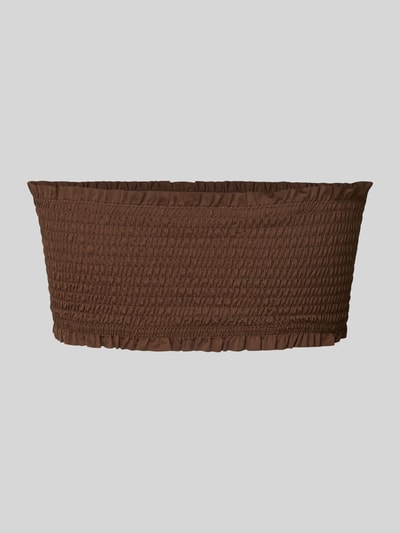 Produktfoto, braunes Bandeau-Top mit Smok-Details, körpernahe Passform, Modell 'SKIN LOBSTER' von Neo Noir, glatte Textur