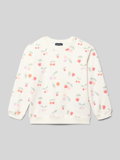 Produktfoto, Sweatshirt mit Rundhalsausschnitt und Motiv-Print von Blue Seven, Baumwolle, locker geschnitten, mit bunten Kirschmotiven auf cremefarbenem Stoff.