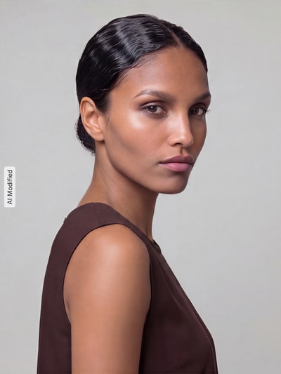 Frauenmodel trägt Midikleid aus Viskose-Leinen-Mix Modell 'Lavisco' von FREE/QUENT in Braun, A-Linie, Nahaufnahme Oberkörper, matter Stoff. Damen Midikleid, Rundhalsausschnitt, Rückenlänge 128 cm, Brustweite 51 cm.