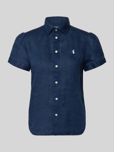 Produktfoto, Regular Fit Leinenbluse aus reinem Leinen von Polo Ralph Lauren in Dunkelblau mit weißen Knöpfen, Flammgarn-Struktur, kurzarm, unifarben, Hemdkragen, Logo-Stitching links.
