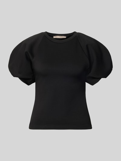 Productfoto, Bluse mit Ballonärmeln van Rinascimento in zwart, Materiaalmix met stretch, getailleerd, ronde hals, korte ballonmouwen, dames, ruglengte maat S 55 cm, mouwlengte maat S 27 cm