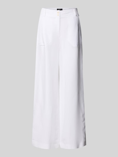 Produktfoto, Wide Fit Stoffhose aus Viskose-Mix mit Leinen-Anteil von Marc Cain, Damen Stoffhose in Weiß mit Logo-Detail, Paspeltaschen, Eingrifftaschen, Bundweite 37 cm, Innenbeinlänge 82 cm, glatte und leichte Textur