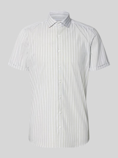 Produktfoto, Slim Fit Business-Hemd mit Blockstreifen und Kentkragen von OLYMP Level Five, Knopfleiste, weiße und graue Streifen, Rückenlänge 85 cm, Schulterbreite 42 cm, Ärmellänge 22 cm, Größe 40