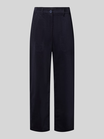 Produktfoto, dunkle Wide Leg Cordhose aus Baumwoll-Mix von Marc Cain, sichtbare Struktur, gerade Linien, Damen Cordhose