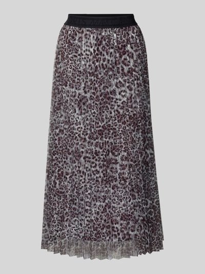 Produktfoto, Midirock in Falten-Optik mit Allover-Animal-Print van Marc Cain, lichte A-lijn, elastische tailleband, grijze en zwarte patronen, logo-stiksel, 86 cm lang, bundwijdte 38 cm