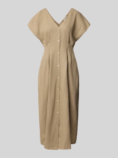 Produktfoto, Midikleid aus Leinen-Viskose-Mix mit V-Ausschnitt von ICHI, sandfarben, taillierter Schnitt, Knopfleiste, Allover-Look.