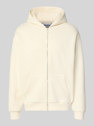 Produktfoto, Sweatjacke mit Label-Print von REVIEW, mieszanka bawełny, prosty krój, kaptur, zamek błyskawiczny, wpuszczane kieszenie, prążkowane wykończenia, długość tyłu w rozmiarze M: 60 cm, długość rękawów w rozmiarze M: 63 cm